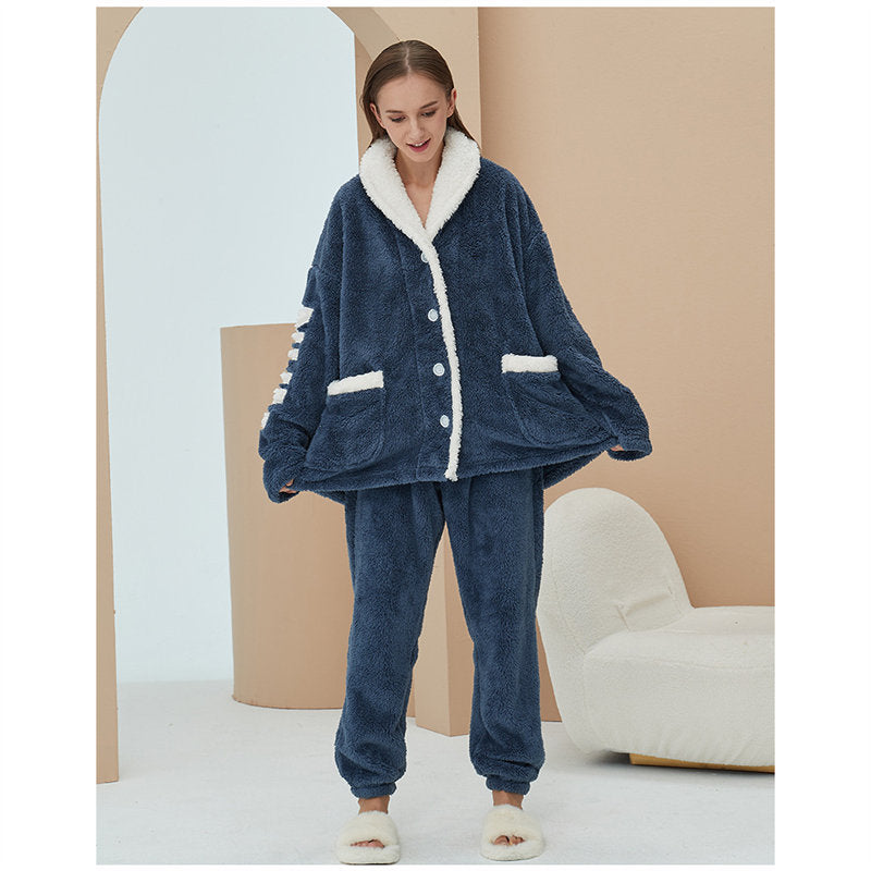 Beakey Womens Winter Fleece Pajamas Set Warm Loungewear-Navy Blue