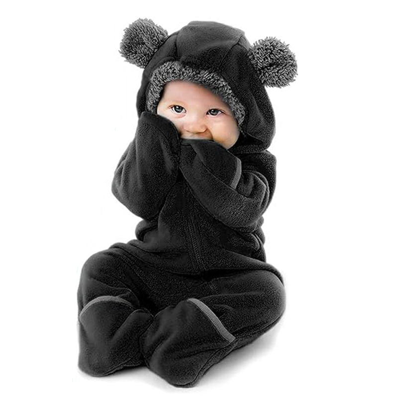 Beakey Baby Fleece Bodysuit Zipper Closure with Hood & Mittens for Winter-Black