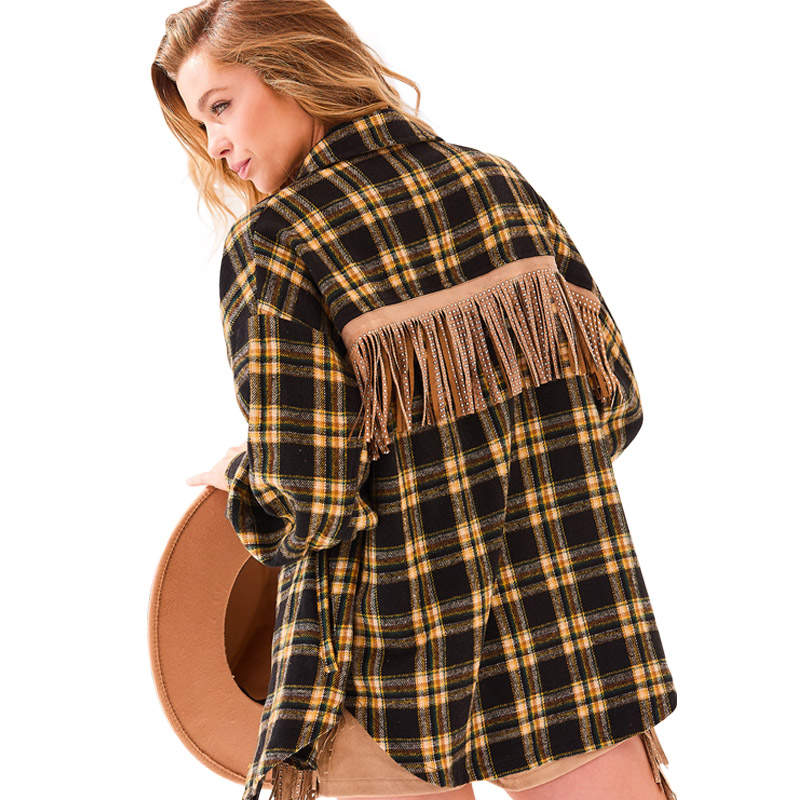 Beakey Womens Plaid Jacket Patchwork Fringe Rhinestone Fashion Casual Coat