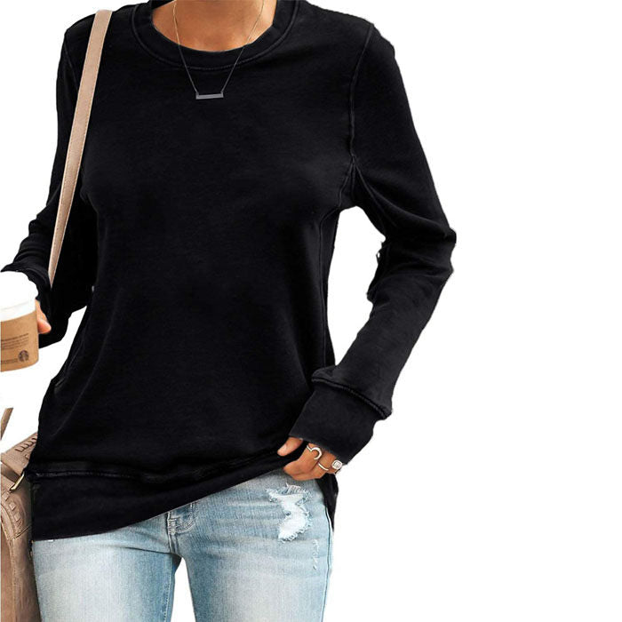 Beakey Womens Casual Crewneck Sweatshirt Long Sleeve Solid Color Loose Tops-Black-8100