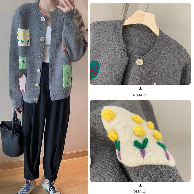Beakey Womens Knitted Cardigan V-Neck Button Sweater for Autumn Winter-Grey
