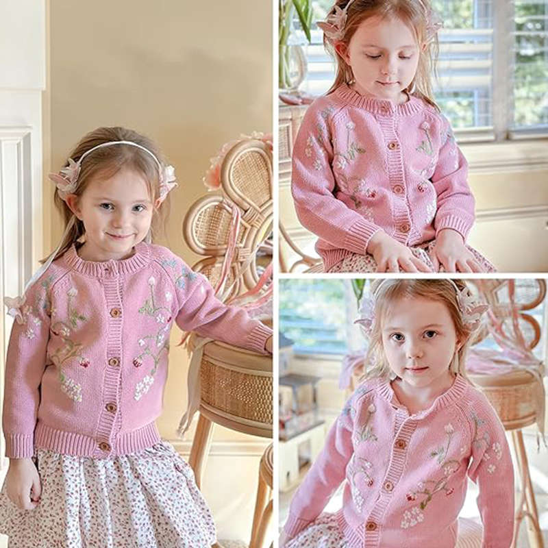 Beakey Toddlers Girls Sweater Embroidered Strawberry Knitted Cardigan-Pink