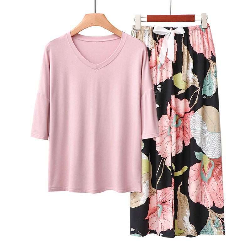 Beakey Womens Pajama Set Print Sleepwear Soft V-Neck Short Sleeve Top With Pants-3