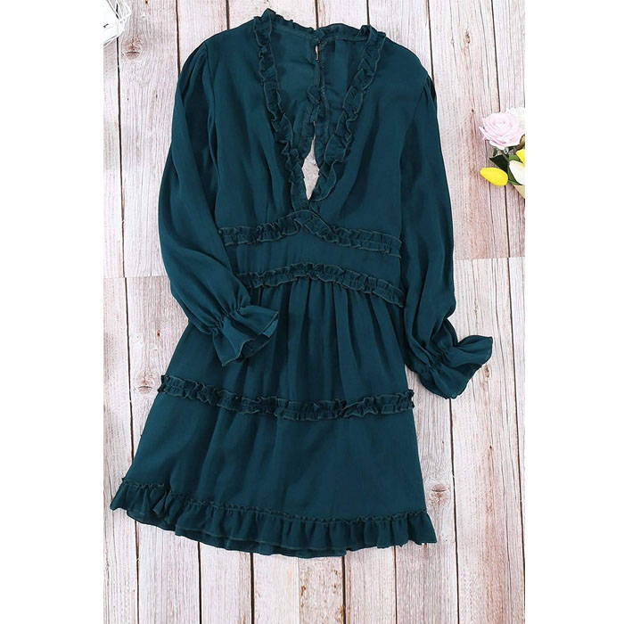 Beakey Womens Spring Summer Deep V Neck Ruffle Long Sleeve Mini Dress-Green-221766
