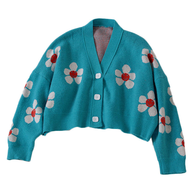 Beakey Womens Flower Cardigan V Neck  Button Down Open Front Sweater-LightBlue