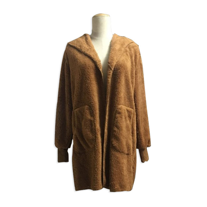 Beakey Womens Long Sleeve Fuzzy Fleece Jacket Hooded Cardigan Coat with Pockets-Brown