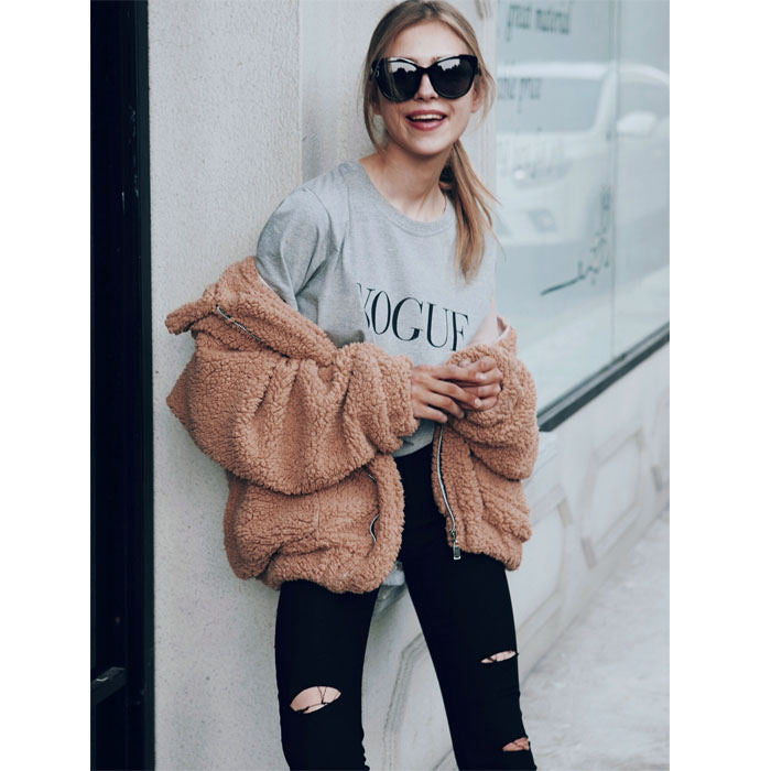Beakey Women's Lapel Zip Up Coat Faux Shearling Shaggy Oversized  Jacket Warm Winter-Beige-T0647