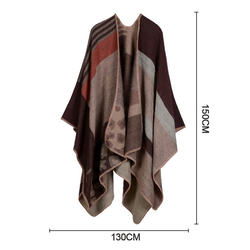 Beakey Womens Winter Reversible Oversized Blanket Cape Shawl-Leopard Brown