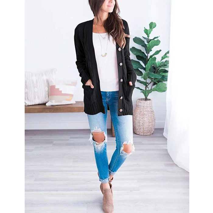 Beakey Women's Winter Keep Warm Long Sleeve Knit Sweater Cardigan Button Loose Outerwear-Black-YL220187