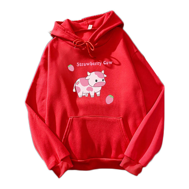 Beakey Casual Hoodie Strawberry Cow Print with Pockets for Women Men-Red