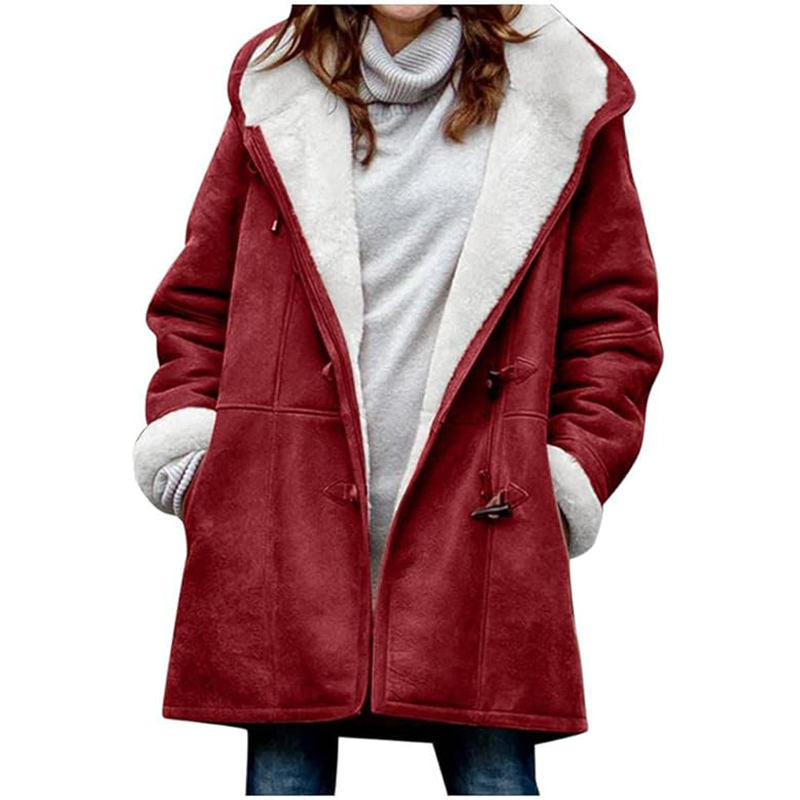 Beakey Fleece Jackets for Women Horn Button Winter Hooded Outwear-Wine Red