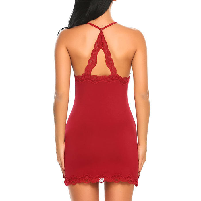 Beakey Women's Sling Lace Edge Lingerie Sexy Chemise Nightdress Soft Sleepwear-Red-y121