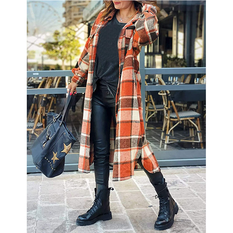 Beakey Womens Casual Plaid Long Coat Lapel Button Down Shirts Jacket-Orange Red