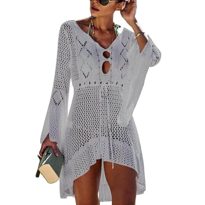 Beakey Women Beach Swimsuit for Women Flared Sleeves Coverups Bikini Loose Cover Up Net-White