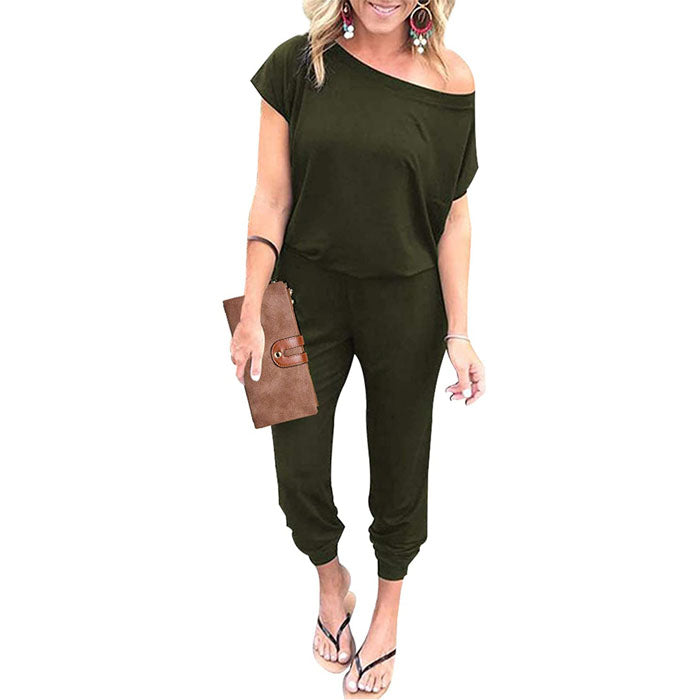 Beakey Women's Loose Solid Off Shoulder Elastic Waist Stretchy Long Romper Jumpsuit with Pockets - Army Green