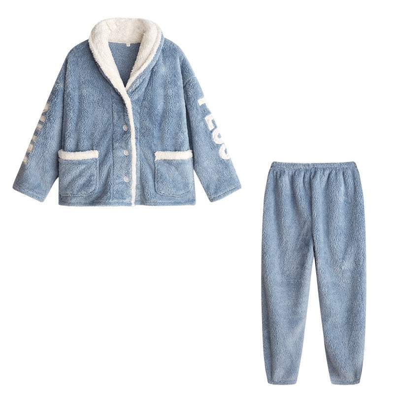 Beakey Womens Winter Fleece Pajamas Set Warm Loungewear-Haze Blue