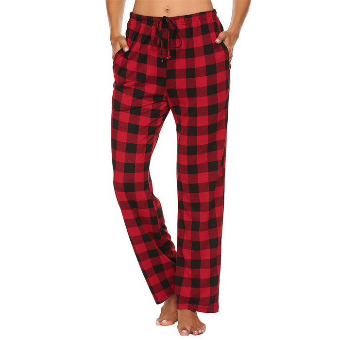 Beakey Women Lounge Pants Comfy Pajama Bottom Stretch Plaid Drawstring Bottoms Pants-Red-SP127