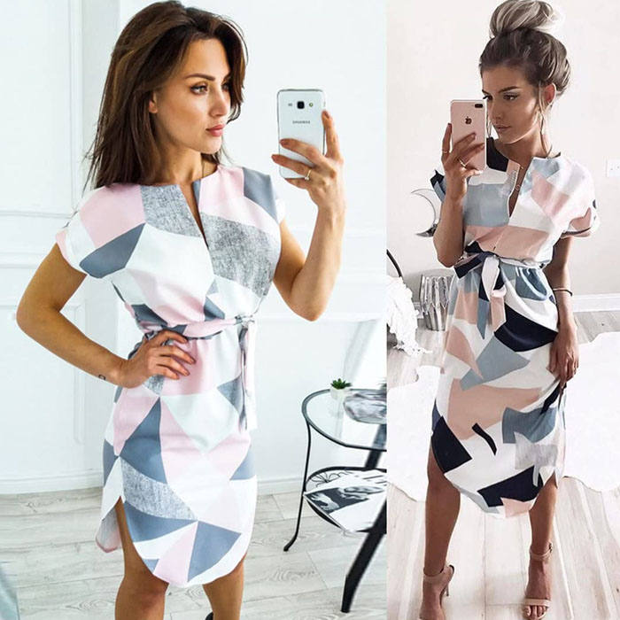 Beakey Womens Sexy Dresses Summer Casual V-Neck Printing Pattern Belted Slim Dress-White