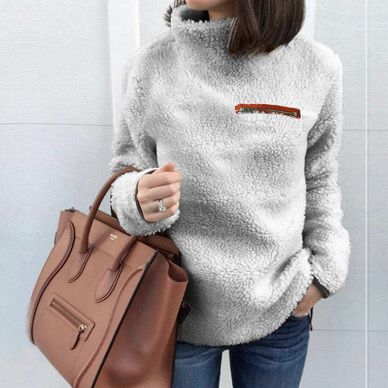 Beakey Womens Turtleneck Sweatshirt Winter Faux Fuzzy Sherpa Pullover-Light Gray
