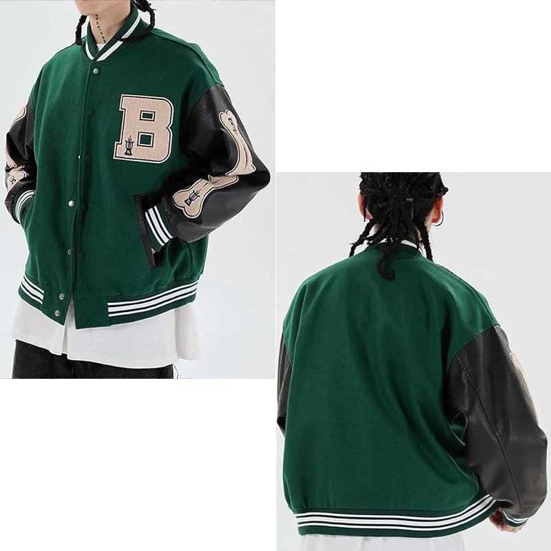 Beakey Unisex Varsity Jacket Stitched Leather Oversized Coat with Patch-Green