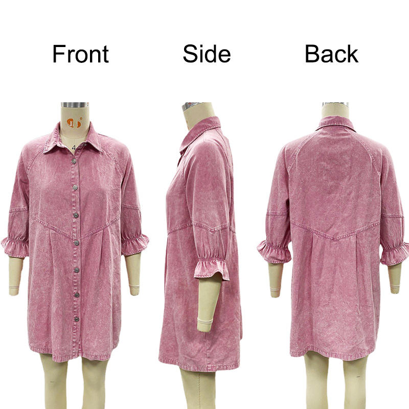 Beakey Denim Shirt Dress for Fall Lantern Sleeve Vintage Loose Babydoll-Pink