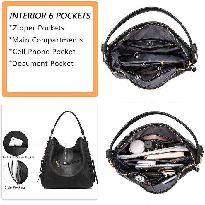 Beakey Handbags for Women Large Designer Ladies Hobo bag Bucket Purse Faux Leather-Black
