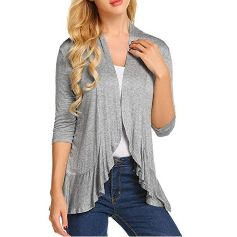Beakey Women's Open Front Cardigan 3/4 Sleeve Draped Ruffles Soft Knit Sweaters-Light Gray-8012