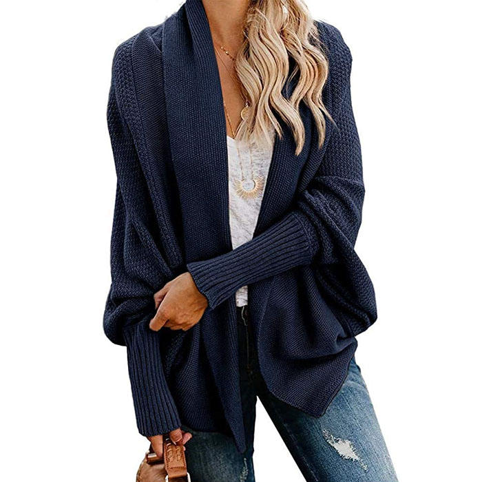 Beakey Women's Batwing Knitted Oversized Slouchy Solid Cardigan Sweater Knit Outwear-Dark Blue
