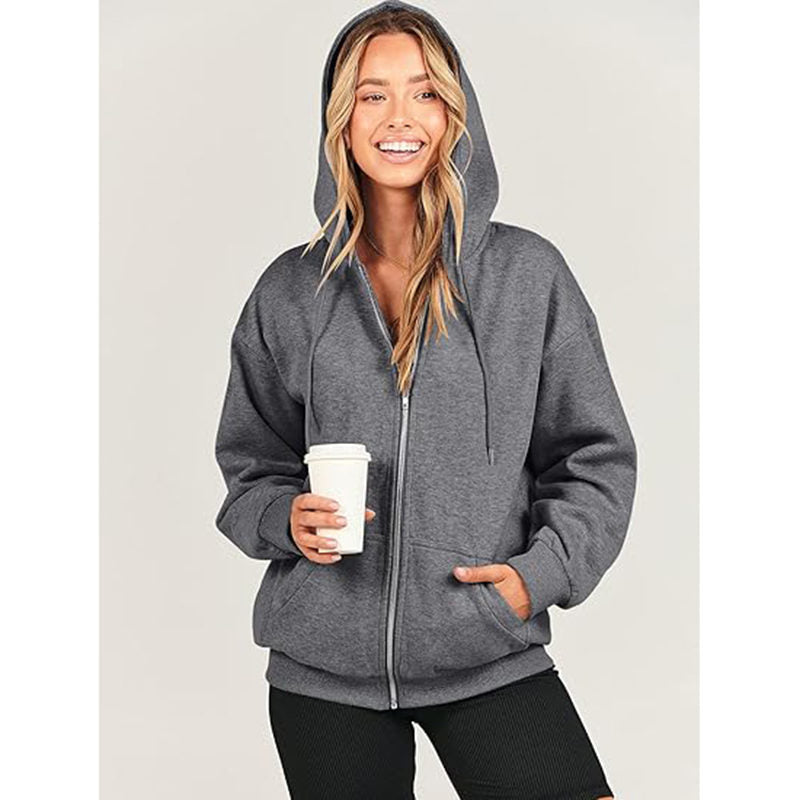 Beakey Womens Zip Up Hoodies with Pockets Y2K Oversized Sweatshirts-Dark Grey