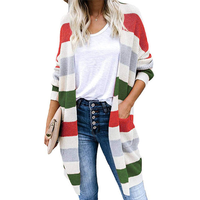 Beakey Women¡¯s Open Front Long Cardigan Strip Color Block Knit Fall Outwear Sweater-Red-AL6014