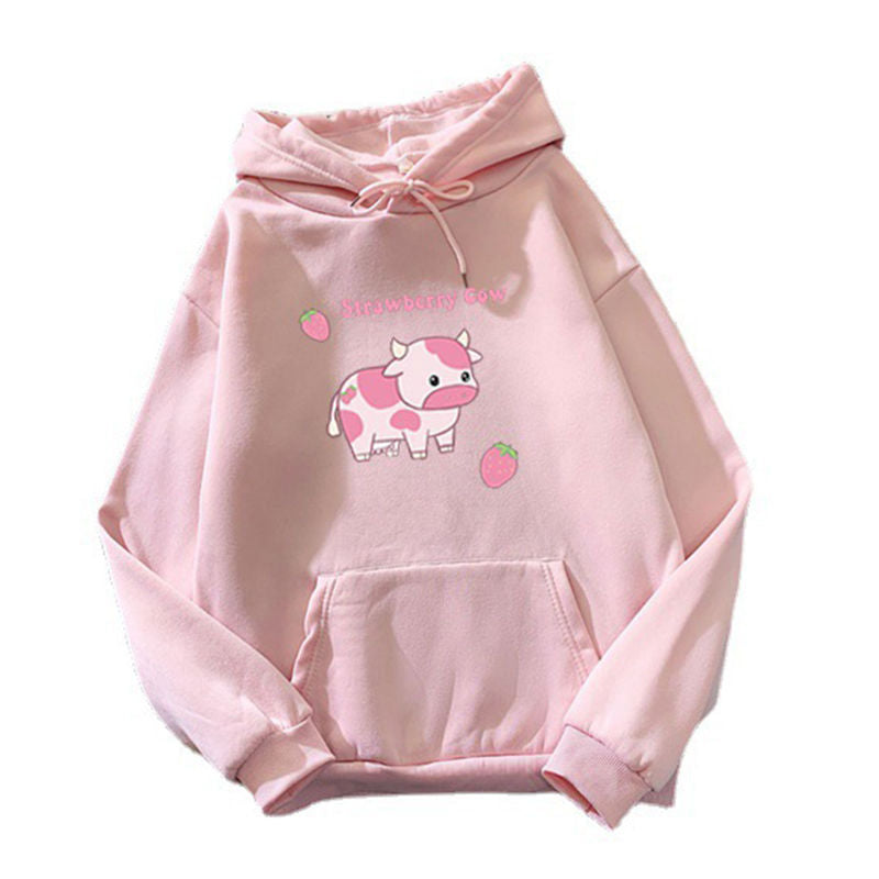 Beakey Casual Hoodie Strawberry Cow Print with Pockets for Women Men-Dark Pink