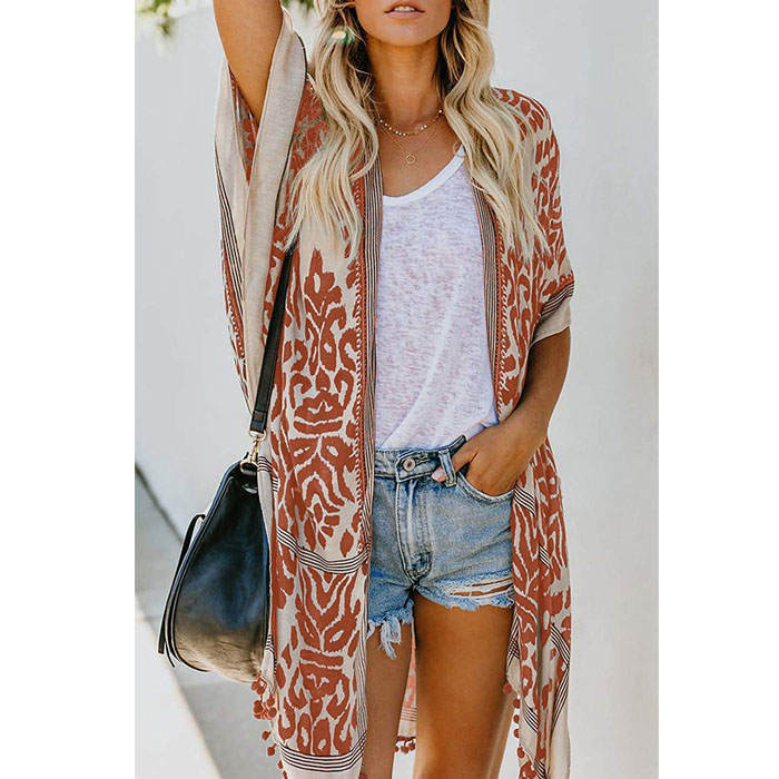 Beakey Women Print Kimono Tassel Casual Cardigan V Neck Loose Swimsuit Cover Up Beachwear-Pink