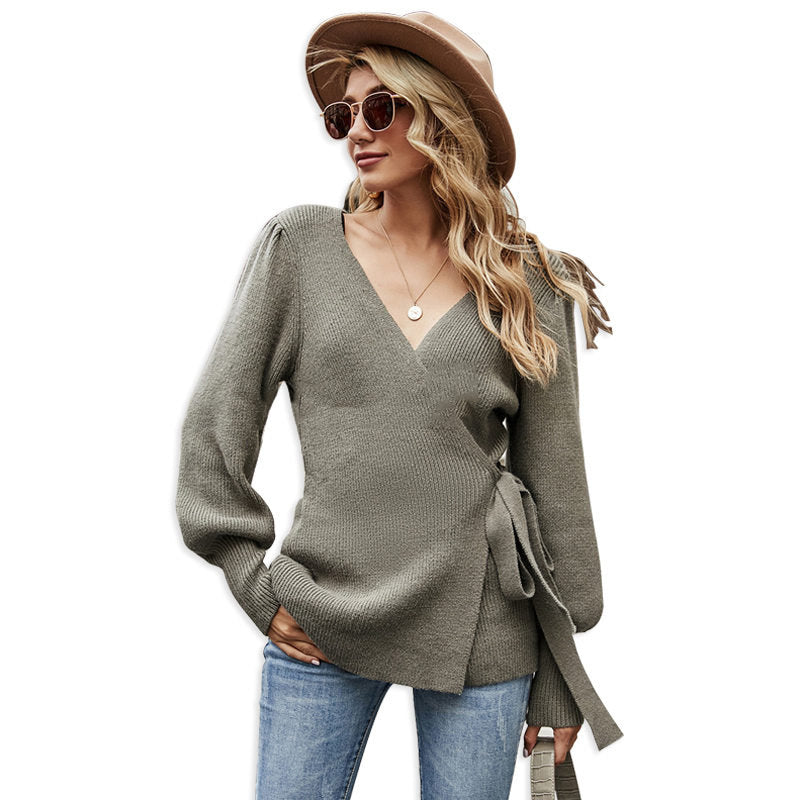 Beakey Womens Sexy V Neck Oversized Sweater Balloon Sleeve Knit Pullover-Grass Green