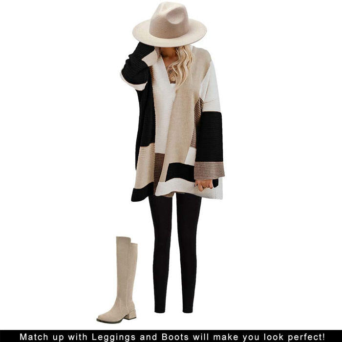 Beakey Womens Color Block Cardigan Open Front Sweaters Loose Knit Casual Coat-Black-AL6009