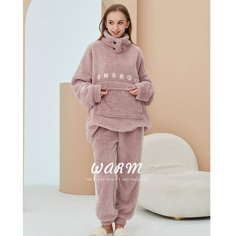 Beakey Thickening Coral Fleece Pajamas Set for Women-Pink