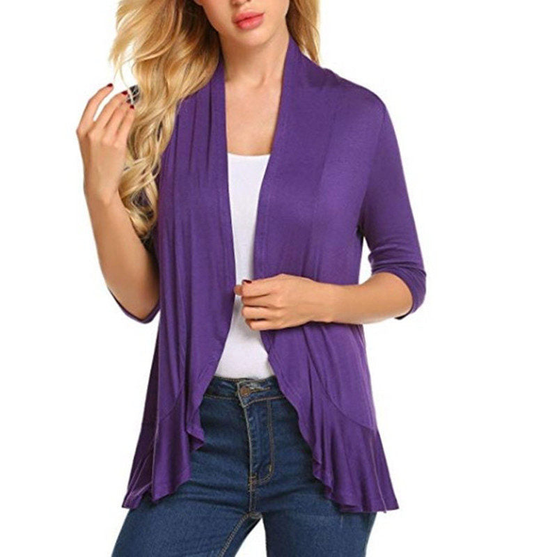 Beakey Women's Open Front Cardigan 3/4 Sleeve Draped Ruffles Soft Knit Sweaters-Purple-8012