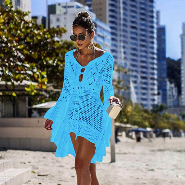Beakey Women Beach Swimsuit for Women Flared Sleeves Coverups Bikini Loose Cover Up Net-Lake Blue