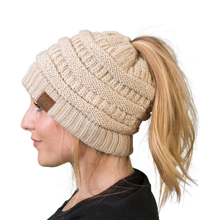 Beakey Soft Stretch Cable Knit Hat Ponytail Beanie Winter Hat For Women-Beige