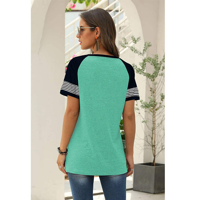 Beakey Womens T Shirts Round Neck Short Sleeve Striped Color Block Casual Tops-Green-025