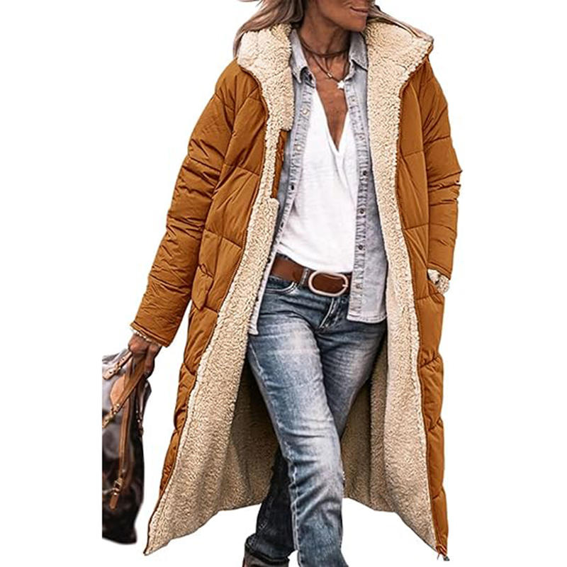 Beakey Womens Long Coats with Hood Fleece Lining Oversized Jackets-Dark Brown