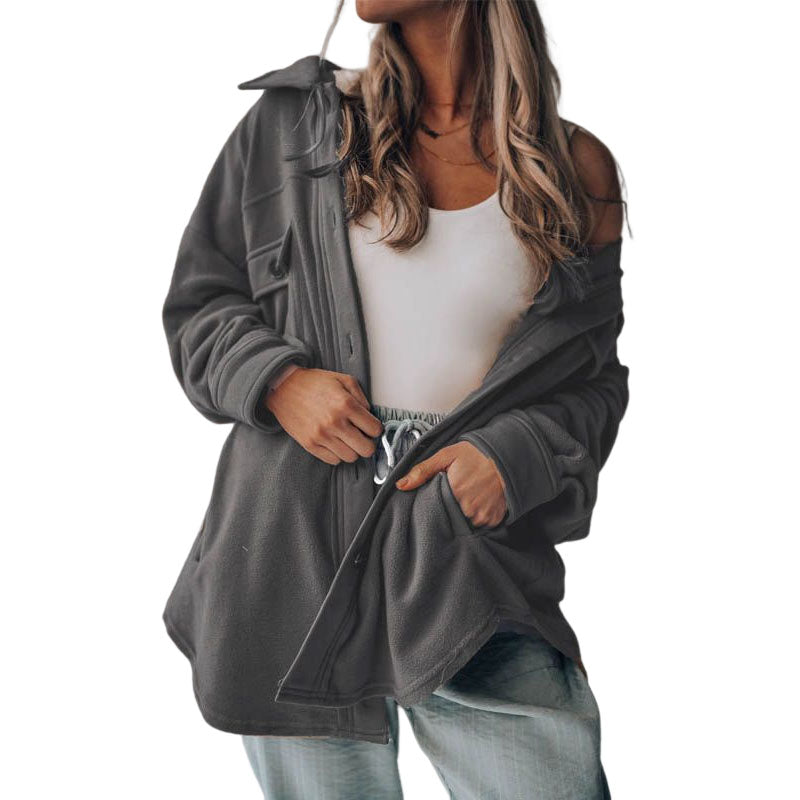 Beakey Womens Fleece Long Sleeved Shirt Casual Boyfriend Blouse Top-Grey