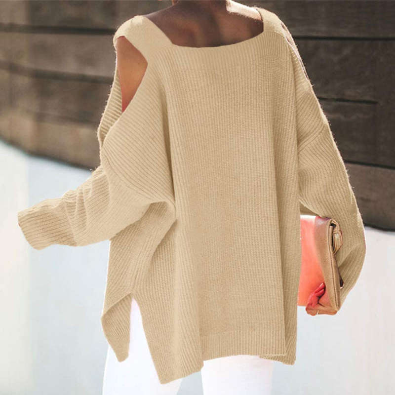Beakey Womens Off Shoulder Oversized Sweater Fashion Knit Tunic Tops-Khaki