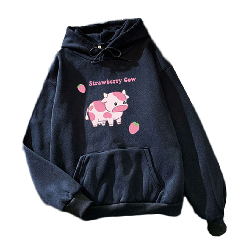 Beakey Casual Hoodie Strawberry Cow Print with Pockets for Women Men-Black
