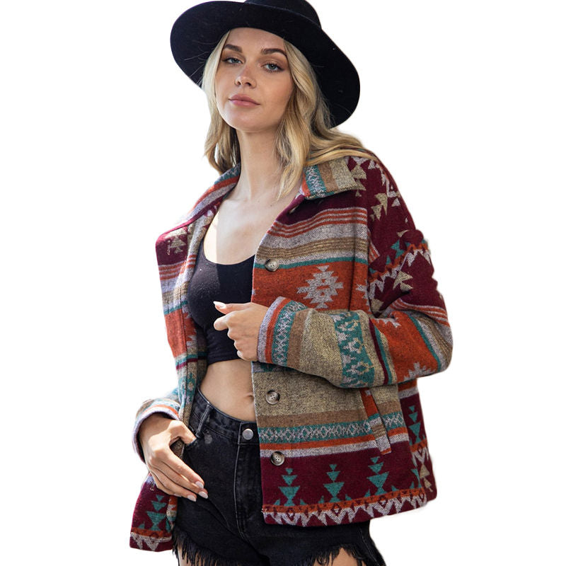 Beakey Womens Aztec Shacket Jacket Boho Wool Blend Coat with Pockets-WineRed