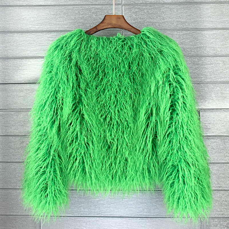Beakey Womens Shaggy Faux Fur Outwear Short Thermal Coat-Green