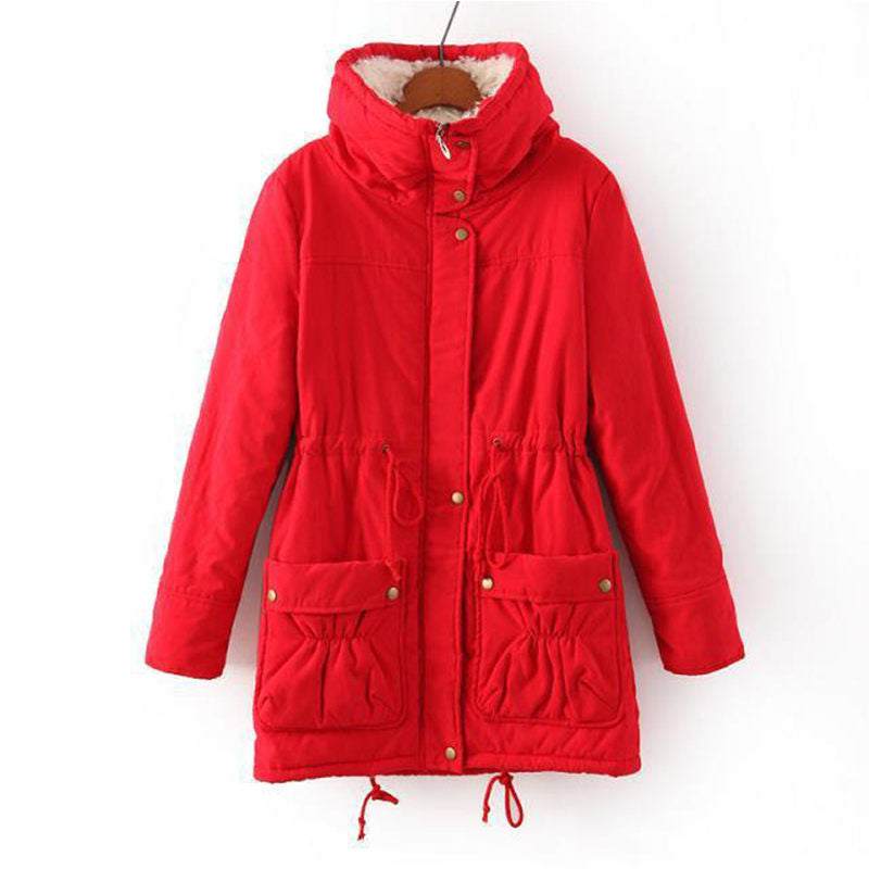 Beakey Women's Mid Length Winter Coat Thickened Warm Lamb Wool Lined Jacket-Red