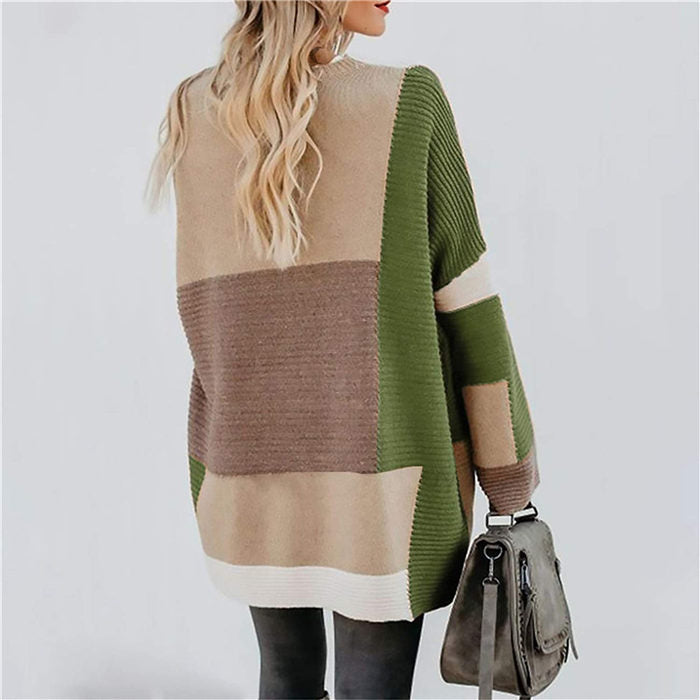 Beakey Womens Color Block Cardigan Open Front Sweaters Loose Knit Casual Coat-Green-AL6009