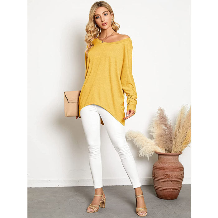 Beakey Women's Batwing Sleeve Off Shoulder Oversized Baggy Tops Casual Sweater-Yellow-8889
