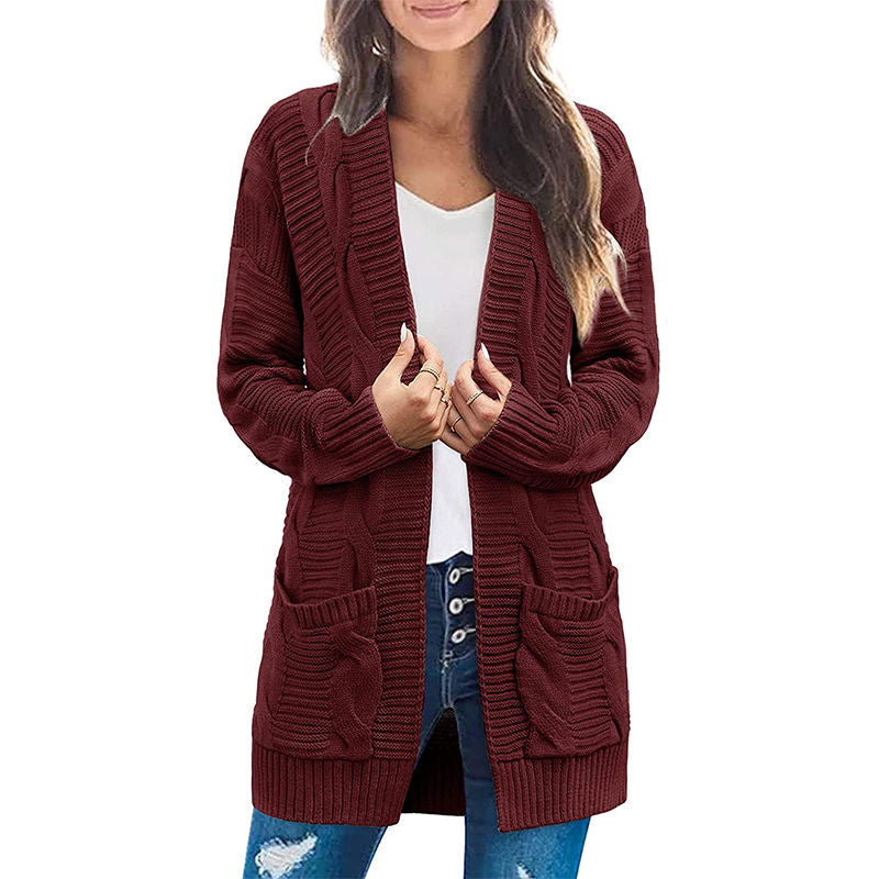 Beakey Womens Long Sleeve Cable Knit Cardigan Sweater Mid Length Coat-Wine Red