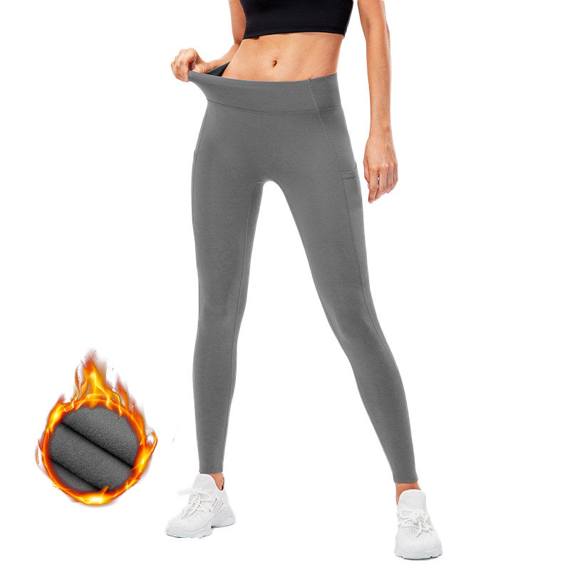 Beakey Womens Fleece Leggings with Pockets Tummy Control Thermal Yoga Pants-Grey